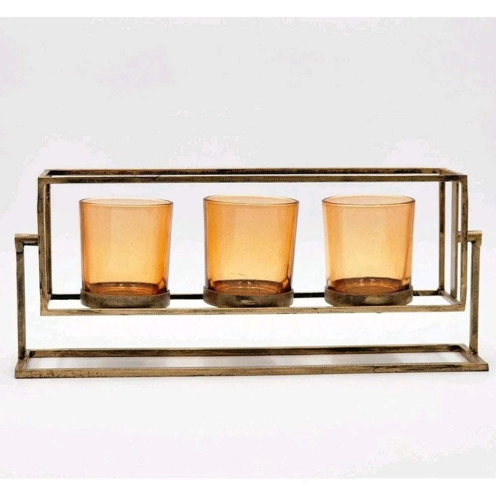 Rustic Triple Votive Tealight Candle Holder Aged Amber Glass In Brushed Bronze